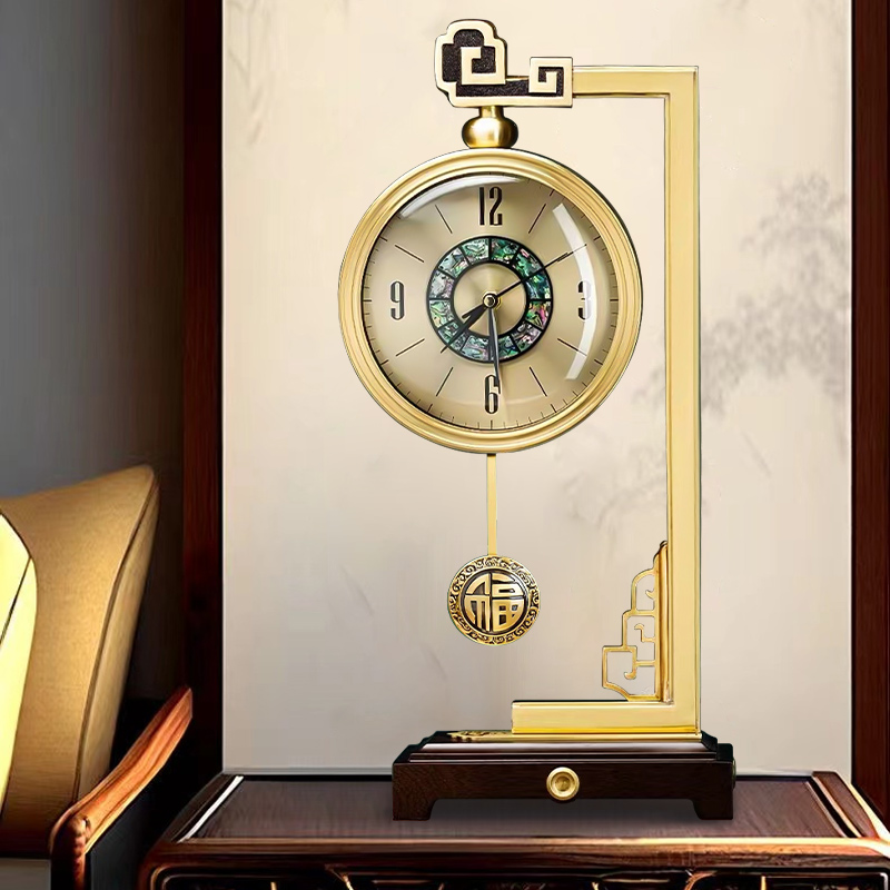 纯铜座钟现代简约客厅中式创意摆件桌面台式石英钟轻奢实木时钟表