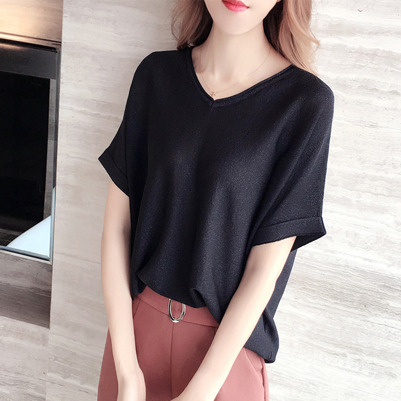 【清仓】冰丝短袖t恤女薄亮丝针织衫v领上衣夏季宽松打底衫体恤潮
