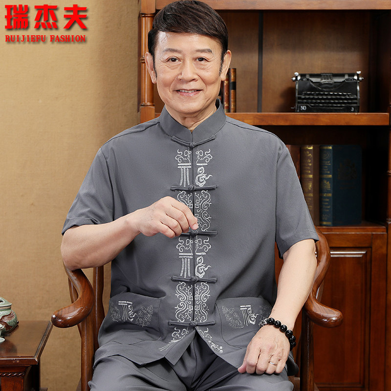 中国民族风唐装男短袖亚麻套装夏季中式居士服中老年人大码爸爸装