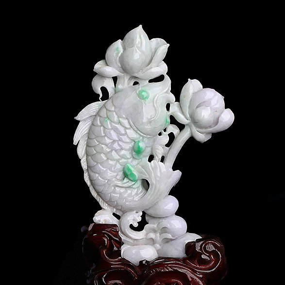 【源头好货-四会】张利永玉雕工作室春彩荷叶鱼摆件240.81g