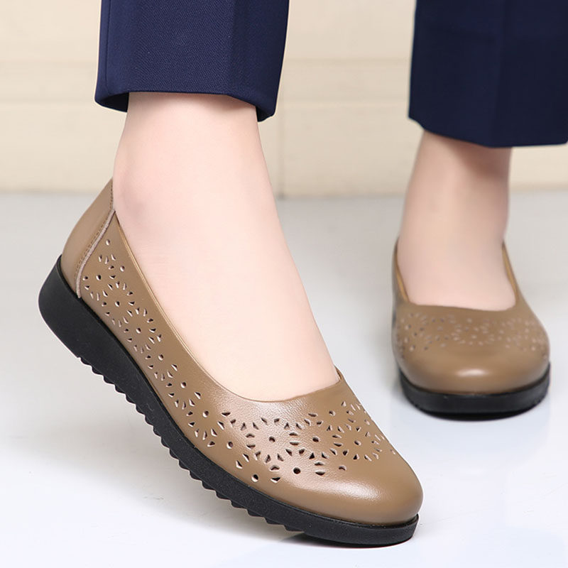 妈妈鞋夏季镂空皮鞋女真皮平底中老年小码33老人奶奶防滑软底凉鞋