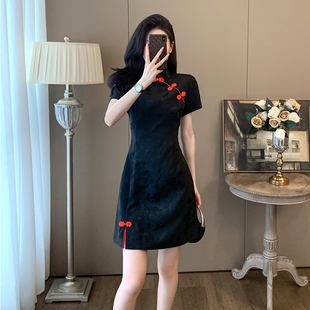 黑色短款改良旗袍裙女2024夏季新款高端精致小个子显瘦黑色连衣裙