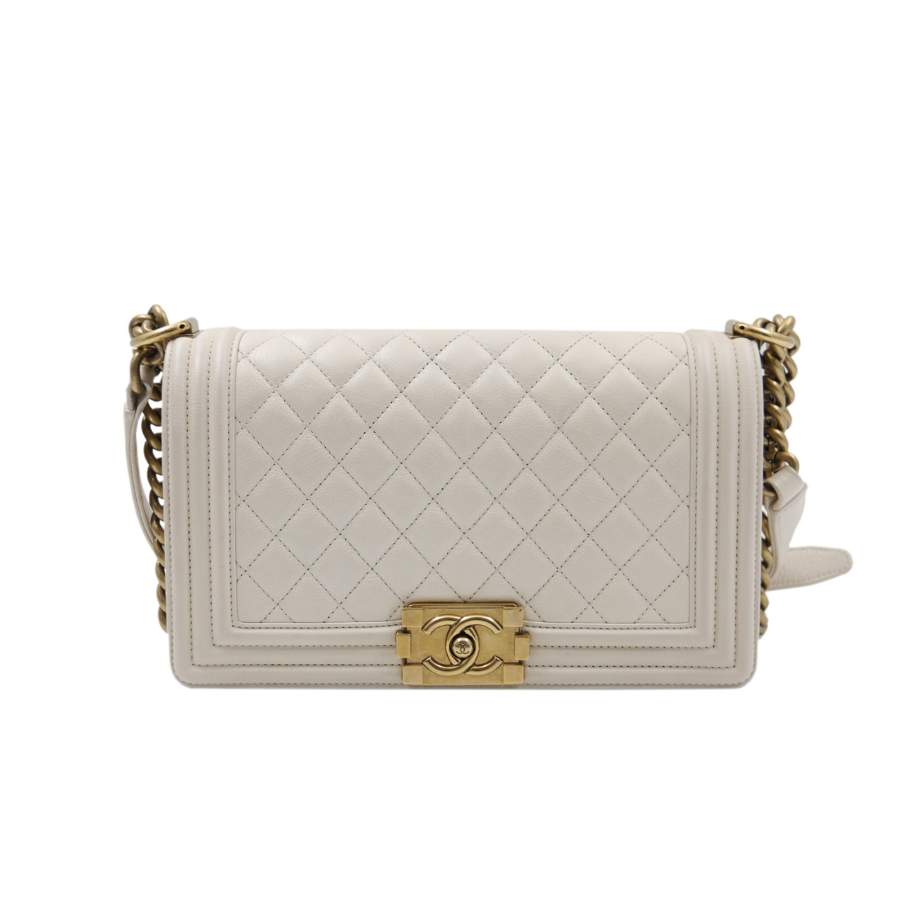 [9.5新]香奈儿chanel女士单肩包斜挎包米白色牛皮菱格leboy肩背包