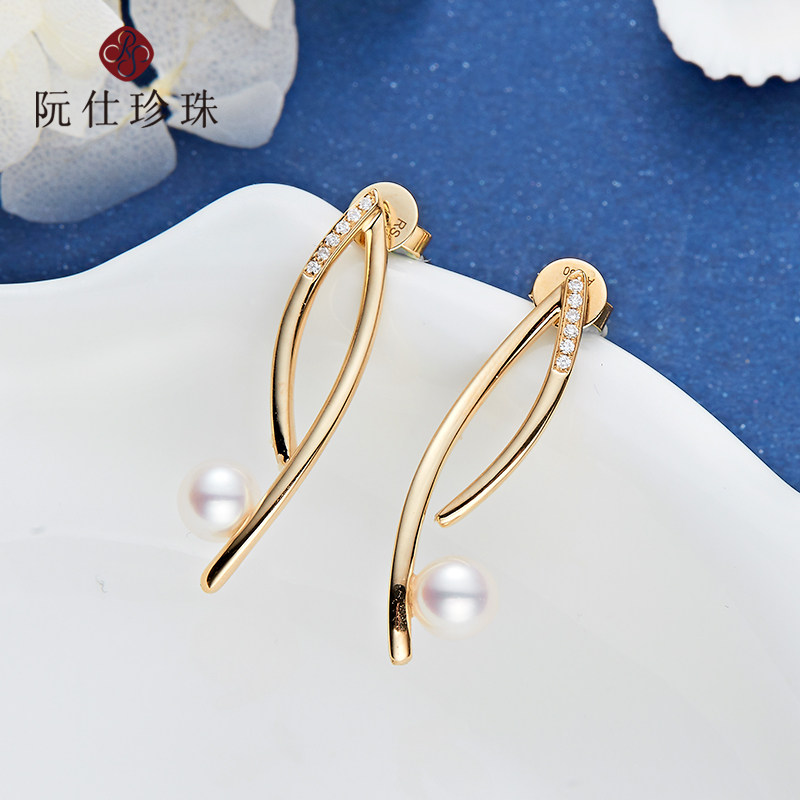 ruans阮仕18k金玫瑰金钻石耳环女正品天然淡水珍珠耳坠高亮泽