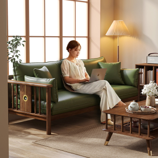 北欧实木真皮沙发直排小户型客厅复古海绵布艺新中式现代简约家具