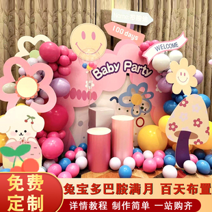 兔宝宝满月礼布置百天宴仪式多巴胺生日装饰场景气球背景墙kt展板
