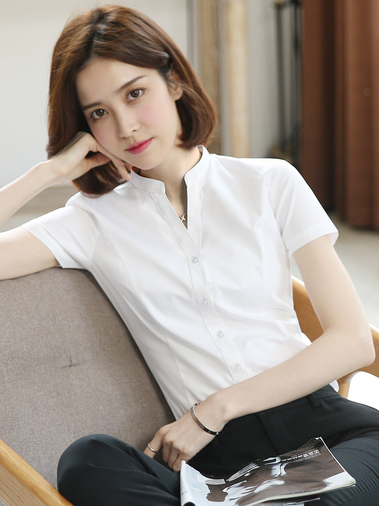 白色职业短袖衬衫女v领工装2021夏季薄款工作服小立领上衣女正装