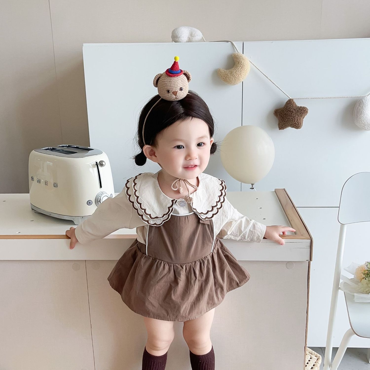 婴幼儿衣服秋款套装韩版女宝宝双层花边领衬衫背带包屁哈裙两件套