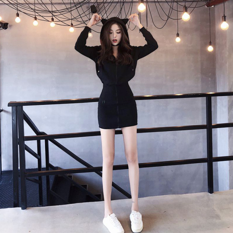 猫耳朵连帽卫衣女2019新款修身加厚加绒可爱中长款外套卫衣裙秋冬