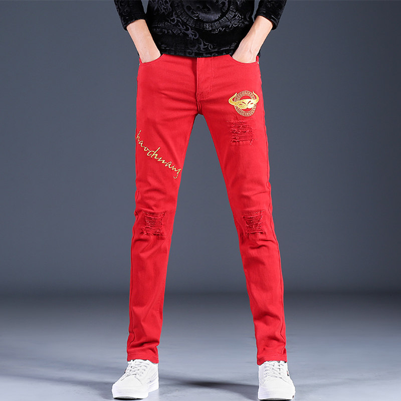 男士红色高端破洞牛仔裤男潮牌四季男裤休闲修身潮流刺绣小脚裤子