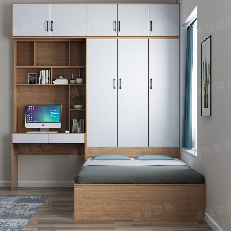 简约板式床榻榻米床衣柜书桌一体现代单双人床箱收纳储物床经济型-mc