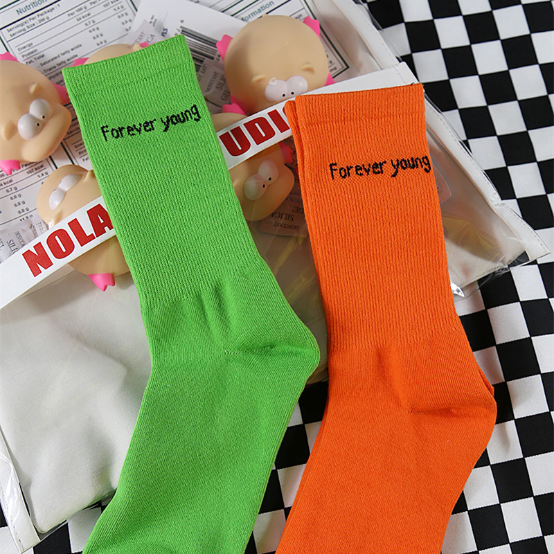 【2双】绿色袜子男女纯色字母ins中筒袜子橘色街拍潮牌嘻哈国潮袜