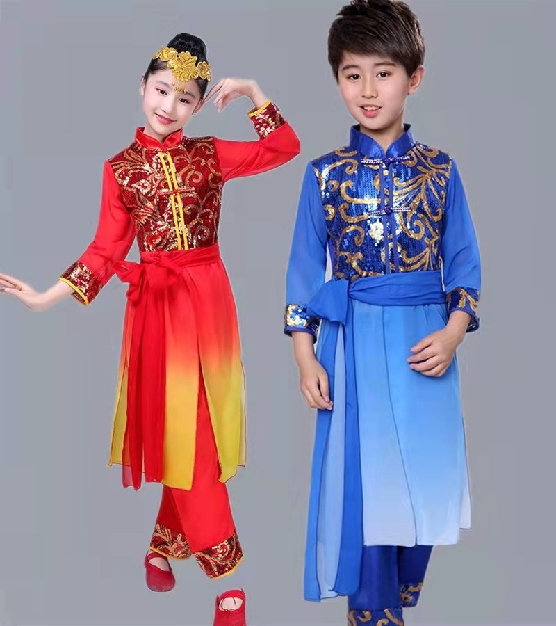 儿童成人喜庆秧歌服装中国风民族打鼓新款舞蹈服男女童亮片表演服