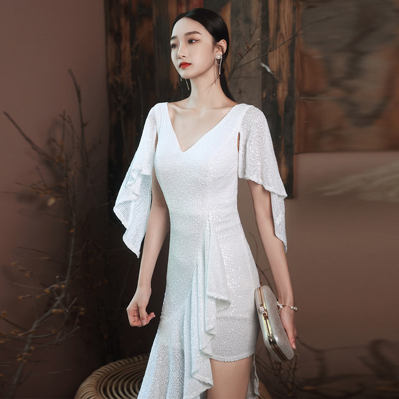 法式小晚礼服女白色气质高档年会宴会名媛高端鱼尾性感炸街连衣裙