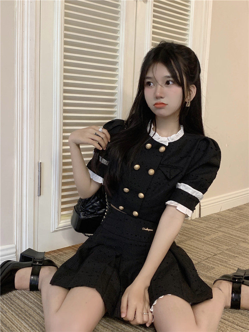 黑色jk制服纯欲马术服小香风双排扣露脐a字百褶裙套装