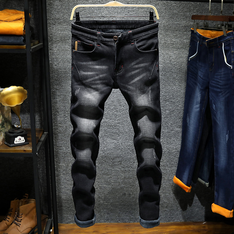 男士鼕季加絨加厚牛仔褲男修身韓版潮流小腳秋鼕款保暖秋款褲子男