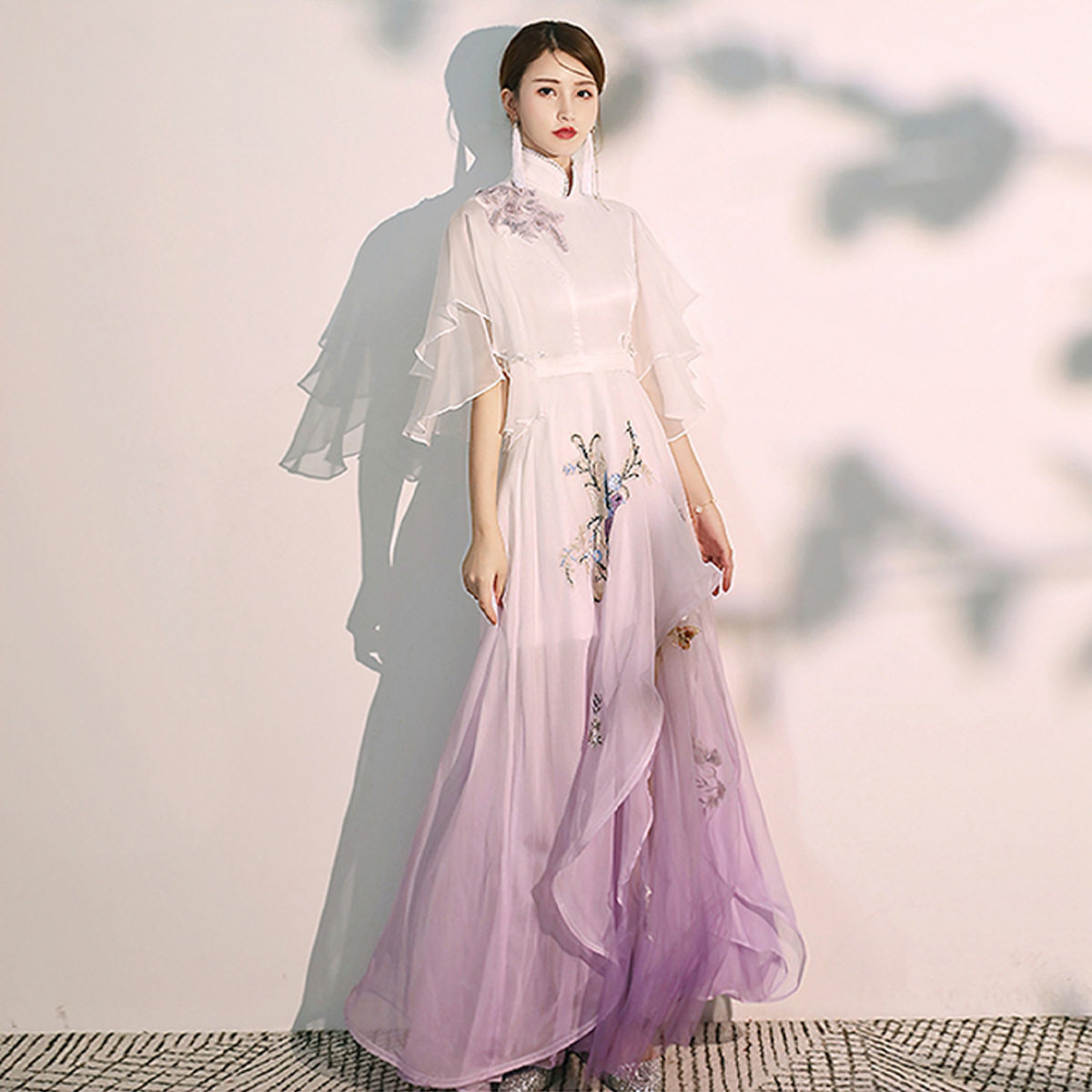 古风渐变紫色弹古筝演出服成人女长裙优雅古典民乐逸中国风礼服