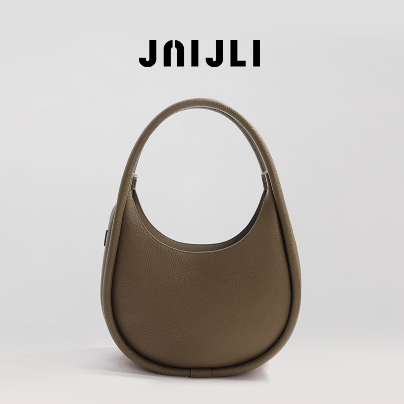 JNIJLI原创小众设计牛皮锡器灰月牙单肩包女大容量赠内胆包2023