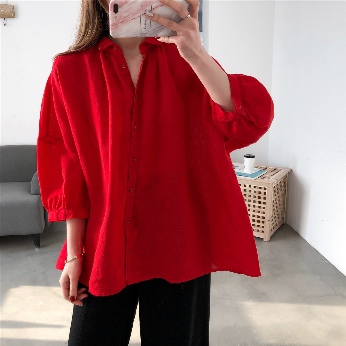 七分袖全红_2019春夏季新款日系女式休闲全麻纯色宽松溜肩七分袖衬衫
