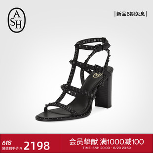 ASH女鞋2024夏季新款KABUKI BIS真皮铆钉超高跟粗跟一字扣带凉鞋