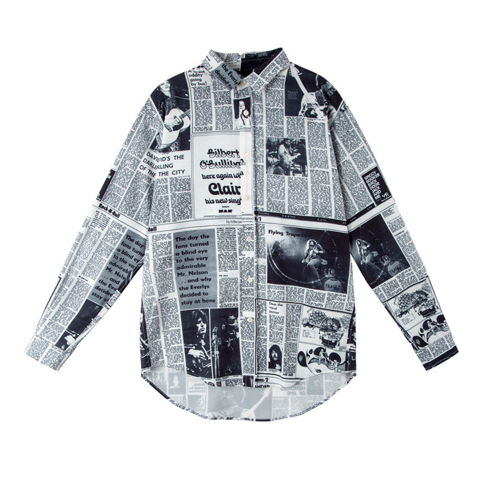 sale/折扣 psycho21 70s vintage复古黑白摇滚报纸印花长袖衬衫