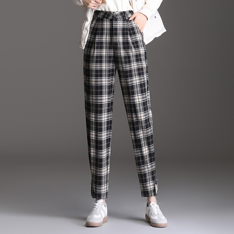 薄款毛呢格子休闲裤女裤复古宽松直筒小脚哈伦配马丁靴裤子春秋冬