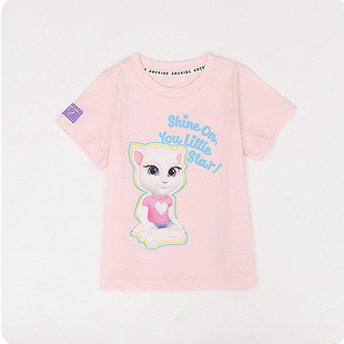 ABCkids童装专柜正品女童可爱卡通猫圆领短袖T恤粉色中小童纯棉薄