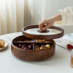 果盘家用客厅茶几新年干果收纳盒坚果盘过年实木质分格零食带盖盘