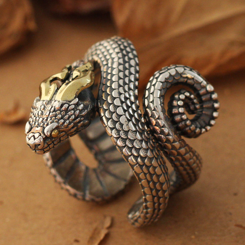 蛇戒指s925纯银角蝰蛇造型开口可调节指环男款复古民族风属蛇饰品