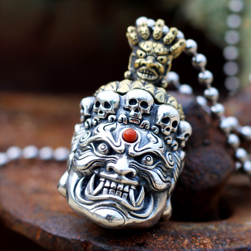 纯银大黑天吊坠项链s925银大黑天财神菩萨随身挂件复古民族风银饰