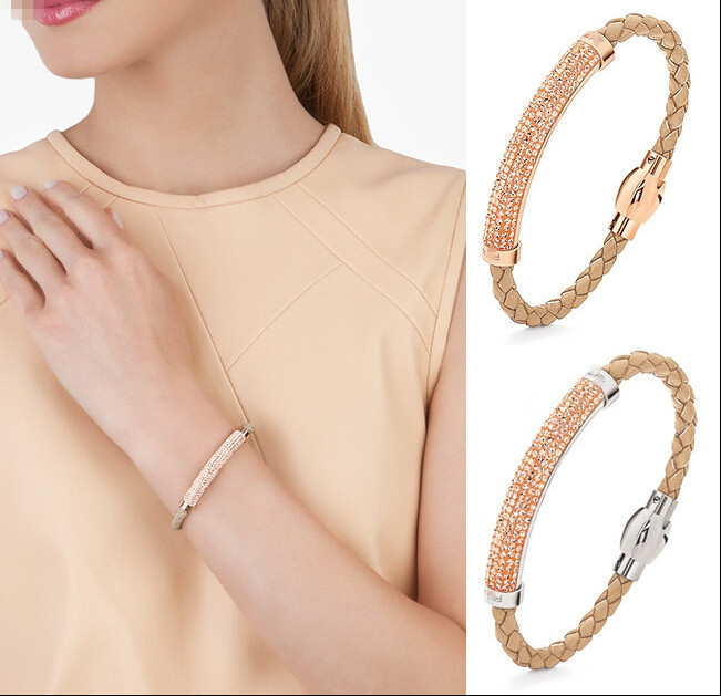 希腊时尚希腊folli follie芙丽 皮绳子陶泥满钻手镯女士手环