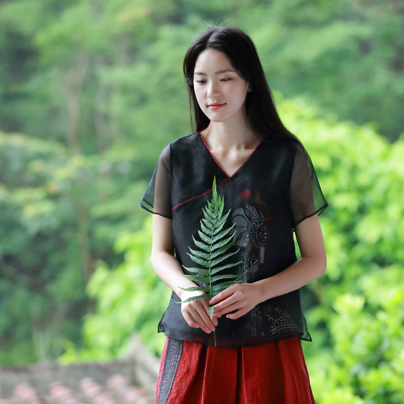 【伴醉清香】吉祥羽儿夏季原创皮影印花香云纱中式交领复古上衣女