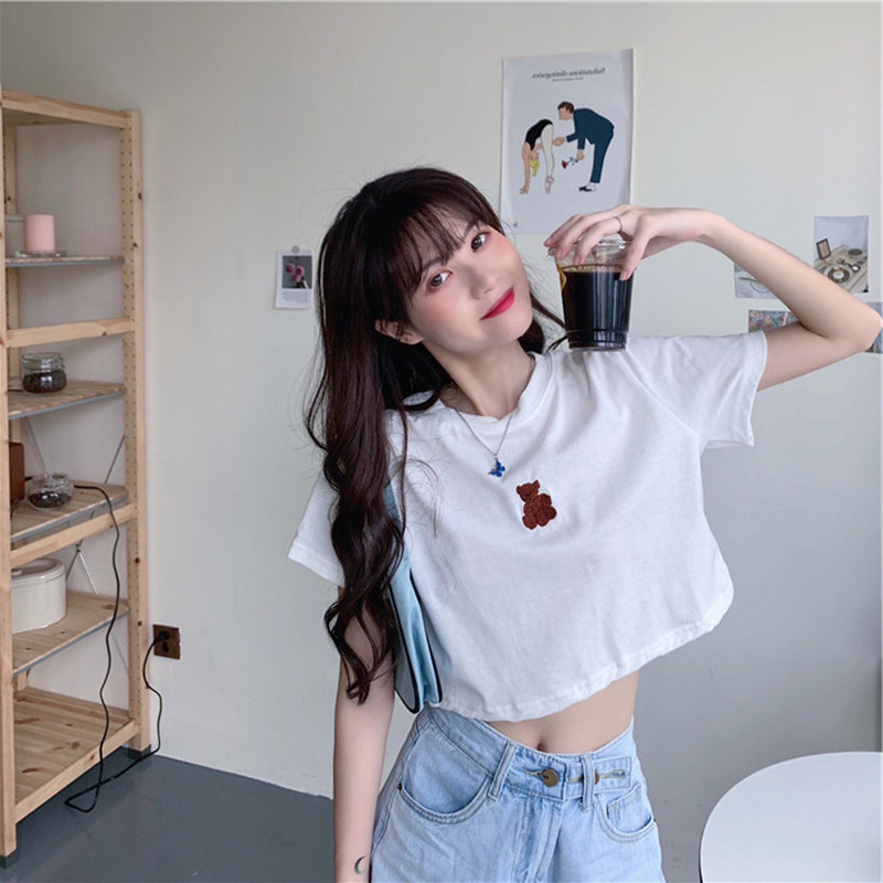 白色短袖女t恤学生个性小熊简约宽松短款露脐上衣韩版百搭ins超火