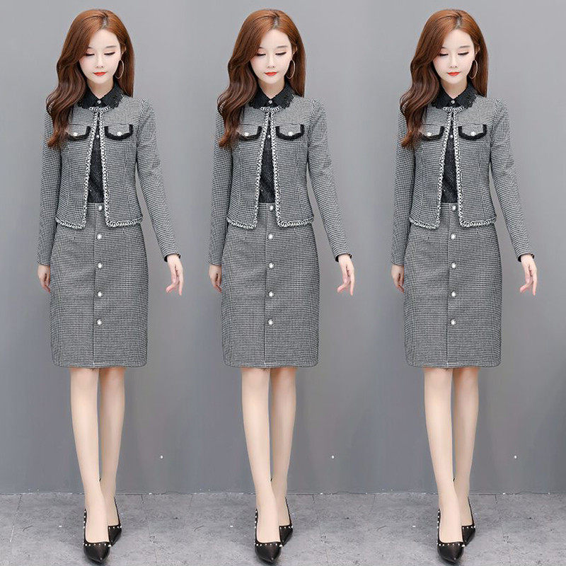 女秋装两件套2019年新款格子连衣裙春秋韩版修身时尚休闲裙子优惠券