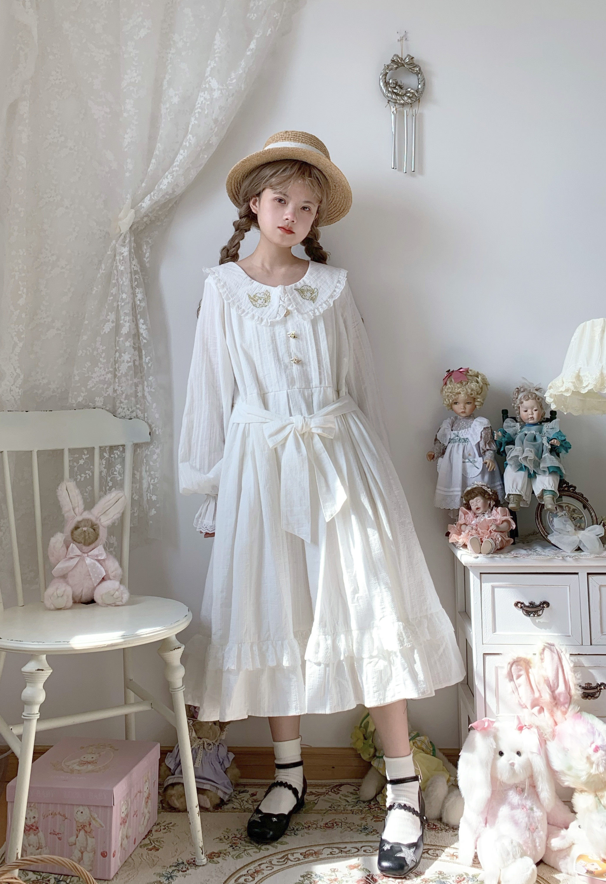 labeau-爱神-原创日系可爱娃娃领连衣裙女白色蕾丝公主裙轻lo裙