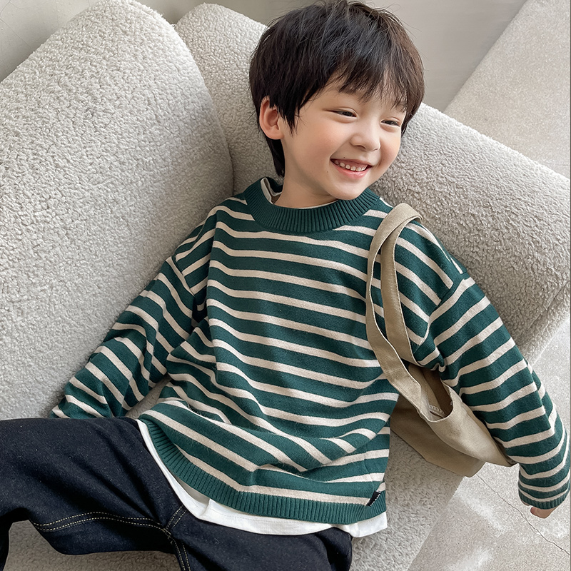 男童毛衣条纹儿童针织衫2022春秋新款春装宝宝打底薄款套头上衣潮