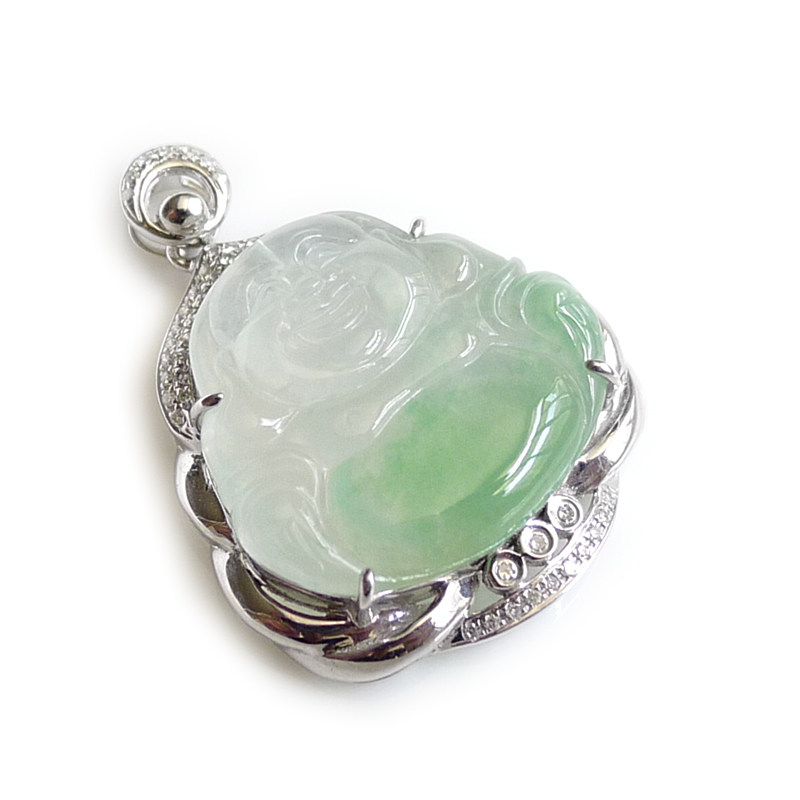 18k金伴钻豪华镶嵌缅甸老坑翡翠a货玉佛吊坠 5.43g