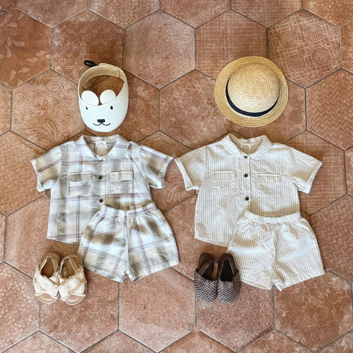 韩版夏季男宝宝休闲竖条短袖衬衫短款两件套中小童格子洋气套装潮