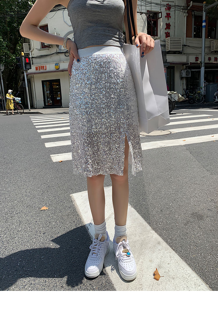 w花花家中长款高腰亮片半身裙女开叉设计感a字网纱过膝裙子alice