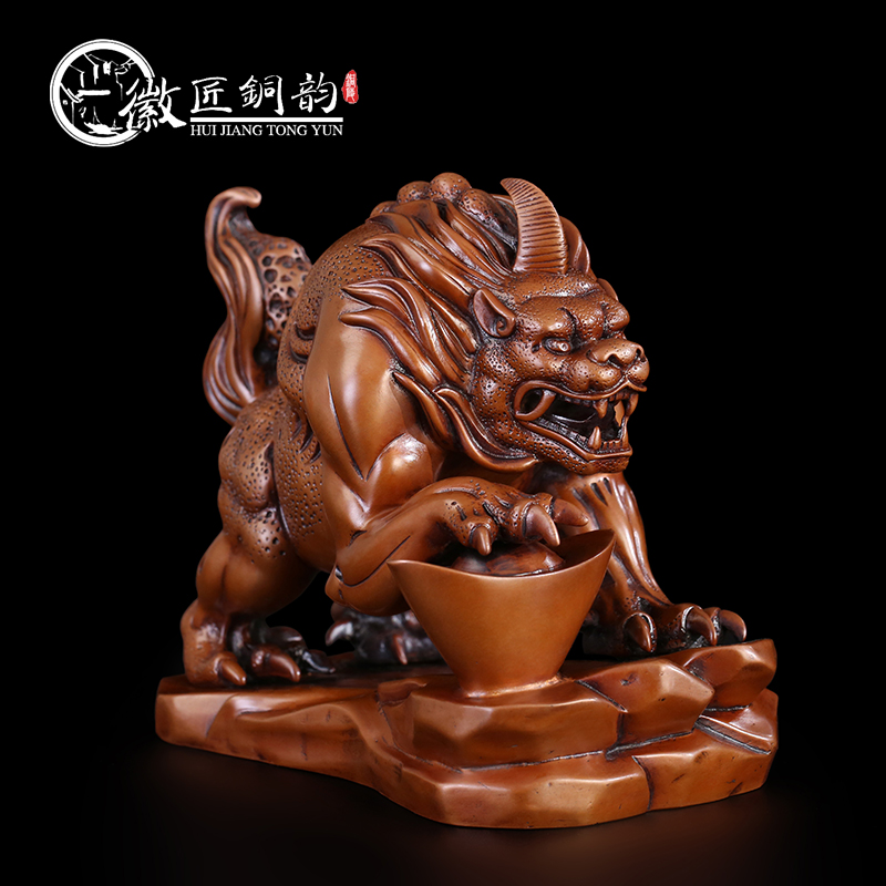 徽匠铜韵紫铜錾刻独角吞金兽摆件貔貅赠礼装饰工艺品