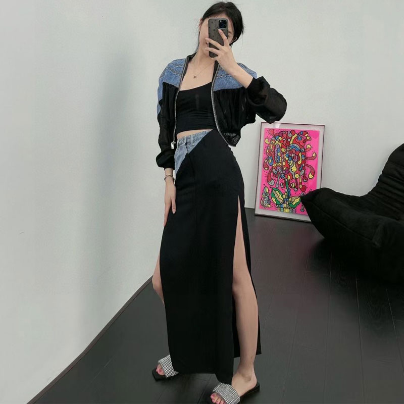 欧洲站2022新款开叉高腰黑色半身裙女夏薄款撞色牛仔半身裙女长裙在类目 女装/女士精品, 半身裙中 - 来自Buy2taobao.com提供专业的淘宝代购服务