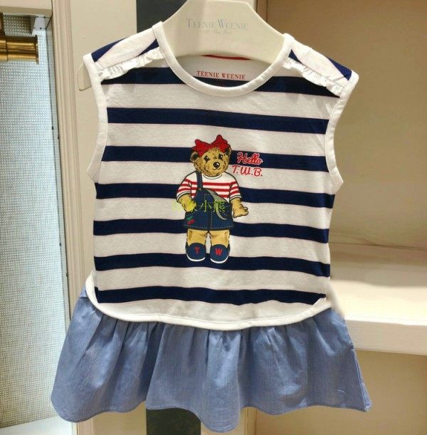 tw小熊童装2020夏款女童中大童衣恋条纹拼接中长款背心t恤背心裙