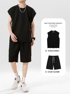 冰丝无袖t恤男夏季薄款速干跑步短袖短裤健身运动背心篮球服套装