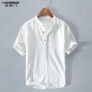 棉麻T恤男士夏季复古亚麻短袖体恤白色POLO衫立领苎麻衬衫潮冰丝