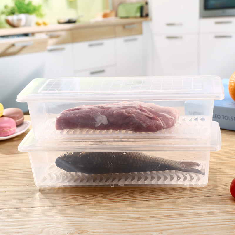厨房沥水保鲜盒塑料大容量鱼盒海鲜盒子长方形冰箱冷藏冷冻储藏盒