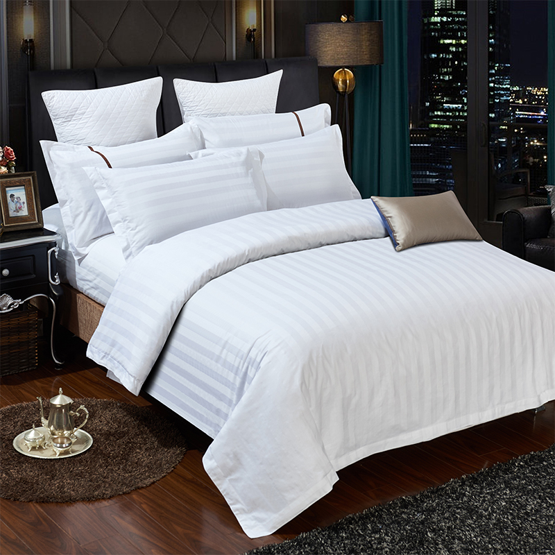 酒店宾馆布草床上用品纯白色条纹全棉缎条单件被套纯白色被罩