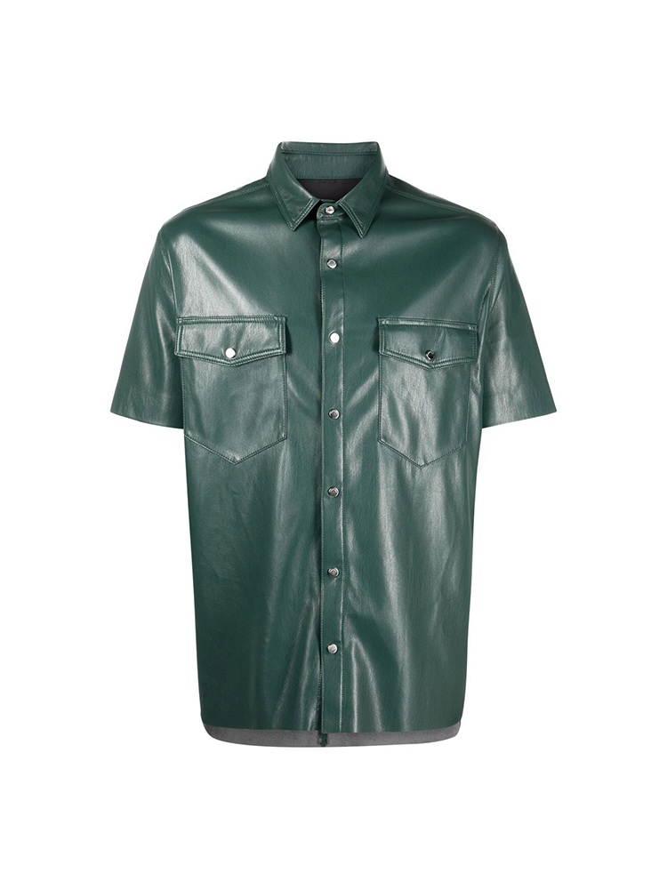 ROKKIHU 设计感嘻哈墨绿色橄榄绿皮衣外套真皮绵羊皮短袖衬衫