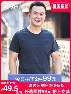 爸爸装短袖T恤男夏季中年人夏装半袖圆领冰丝中老年条纹上衣男装