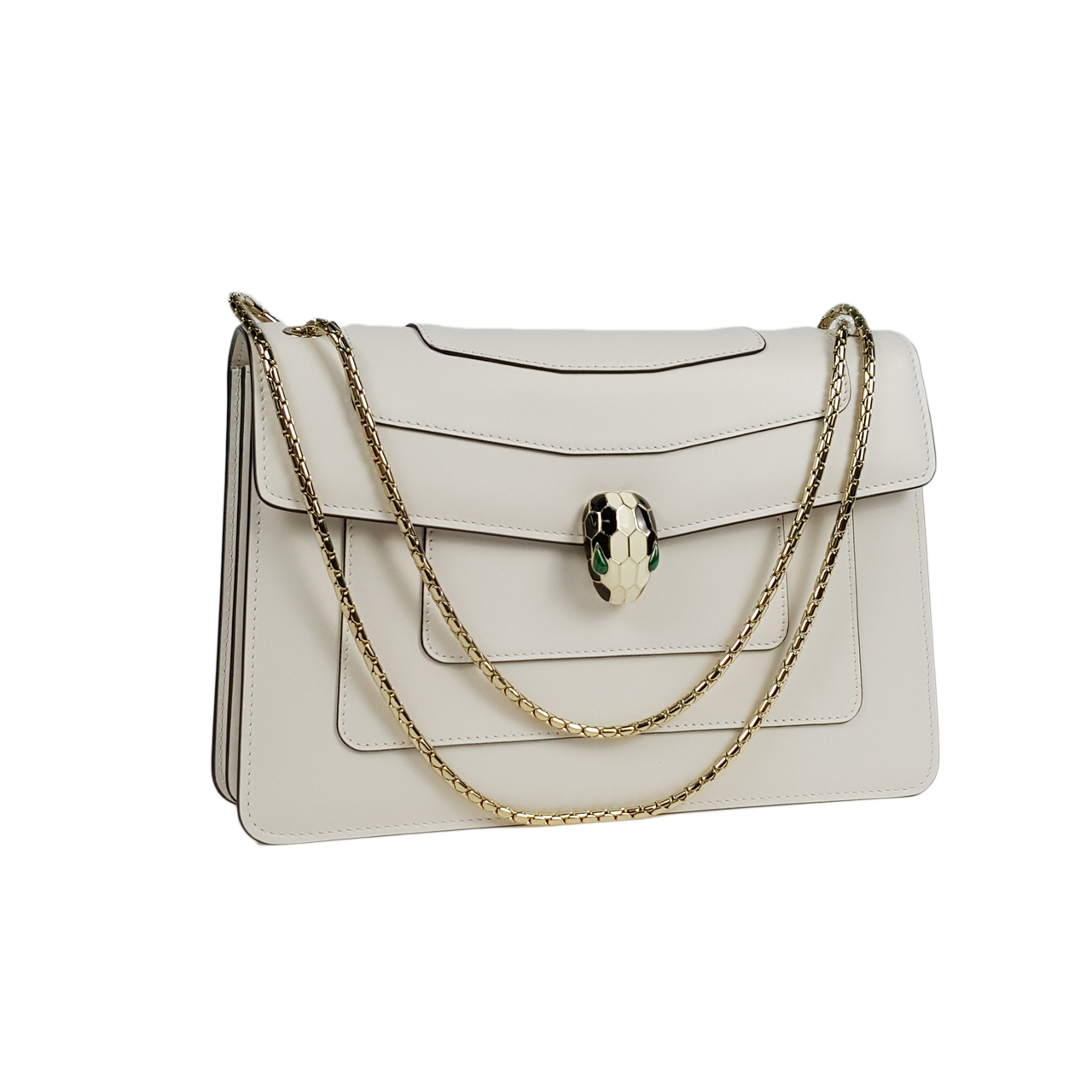 [即拍即得][9.9新] 宝格丽女士白色牛皮中号蛇头包kh148b1