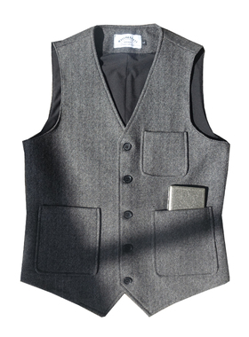 浴血黑帮无领多口袋重磅粗花呢马甲